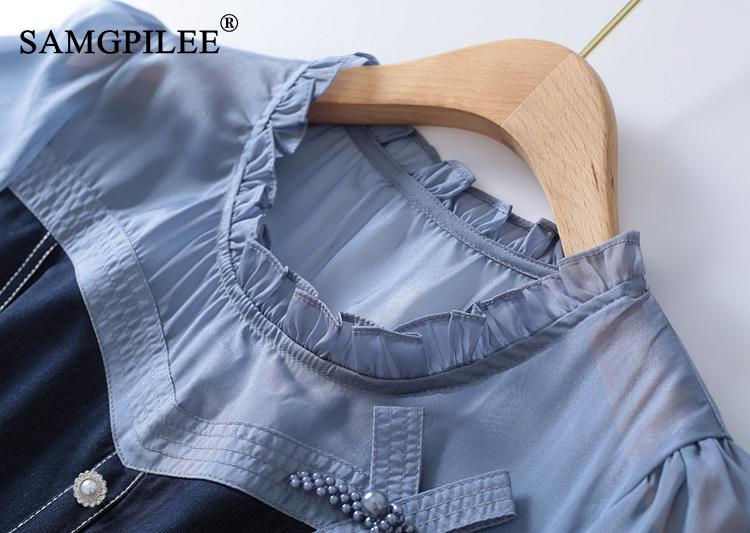 Thumbnail: Elegant Party Dresses For Women 2023 Chiffon Denim Stitching Bright Line Decora
