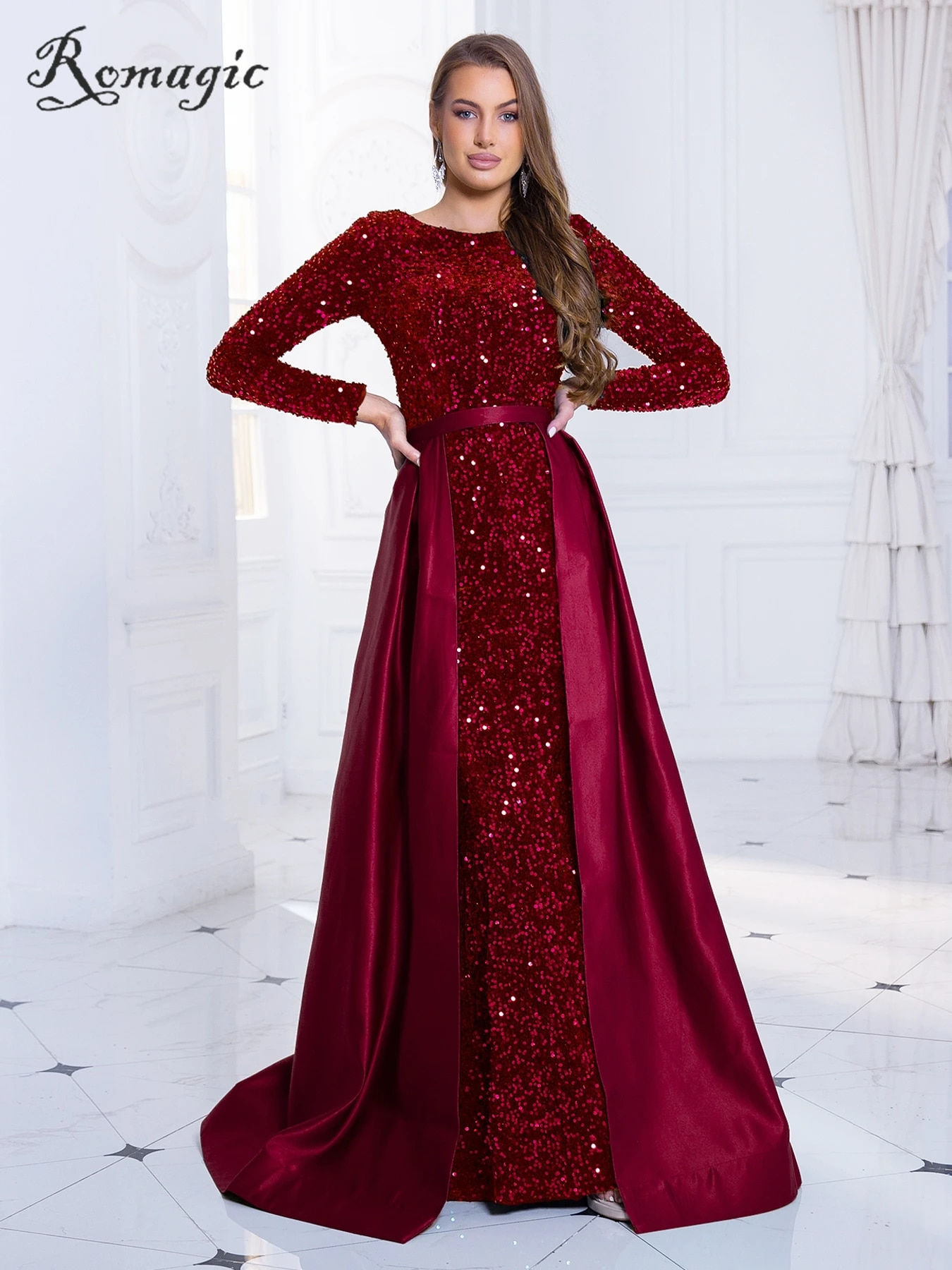 Romagic Modest Stretch Sequin Full Sleeve Evening Party Gown Mermaid Formal Pro