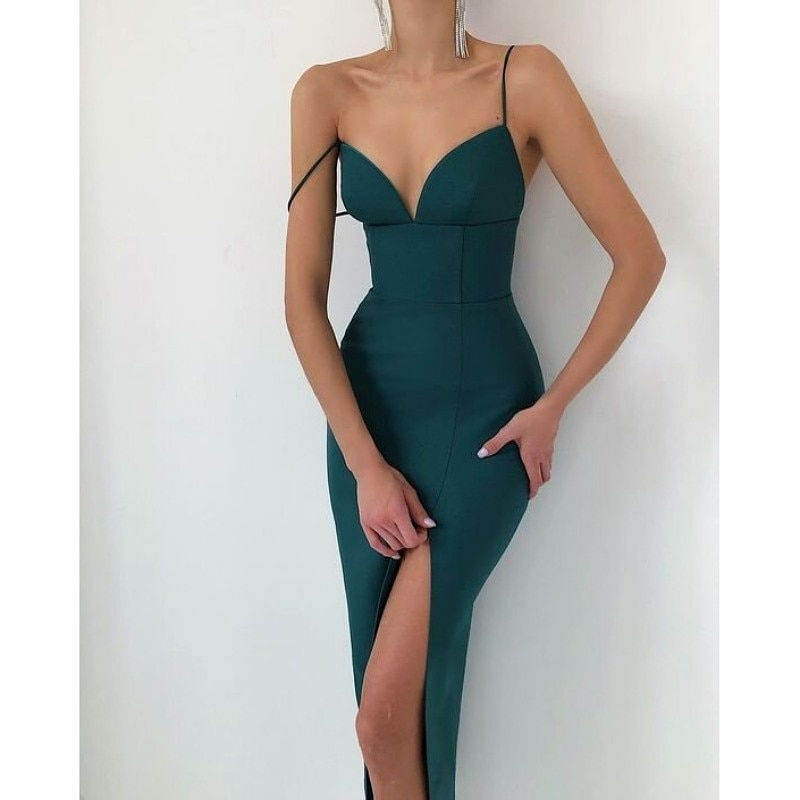 Thumbnail: wsevypo Elegant High Slit Midi Bodycon Dress Women Sexy Spaghetti Straps