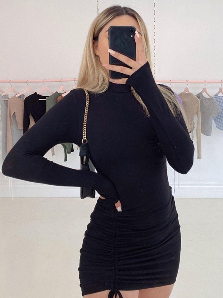 Thumbnail: Long Sleeve Ruched Bodycon Dress Women Turtleneck Bandage Mini Dresses Autumn B