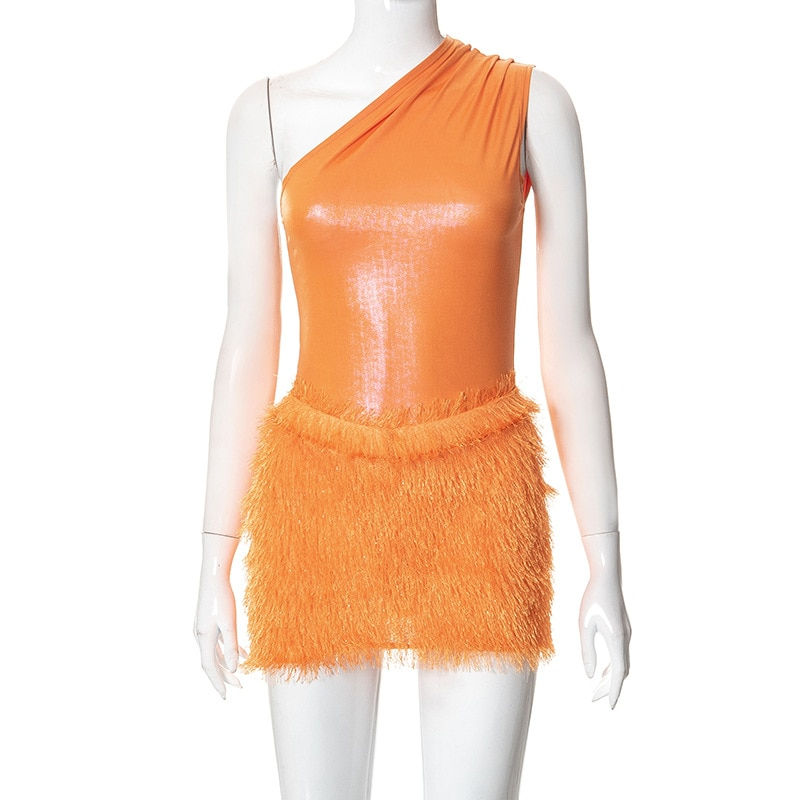 Thumbnail: Echoine Sleeveless One Shoulder Bodysuit and Fur Mini Skirt Two Piece Set Party