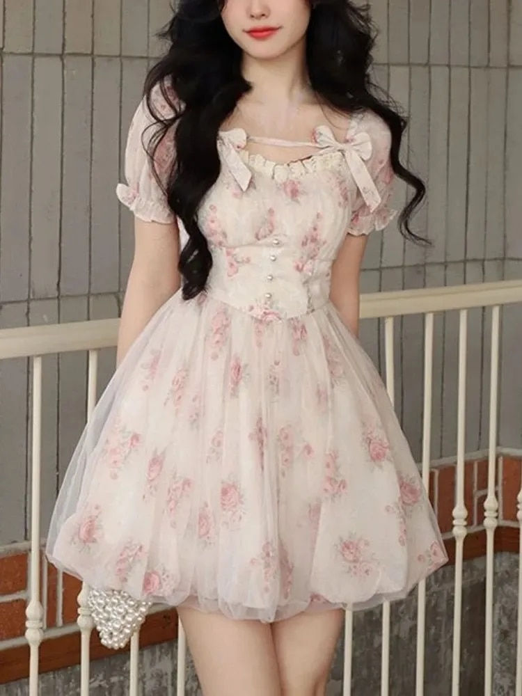 Thumbnail: Summer Floral Sweet Mini Dress Women Print French Elegant Fairy Dress Female Ko