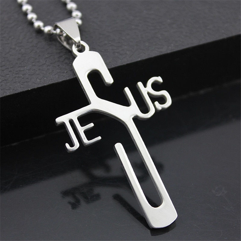 Thumbnail: Fashion Letter Jesus Pendant Necklace Stainless Steel Silver Color Chain Hollow