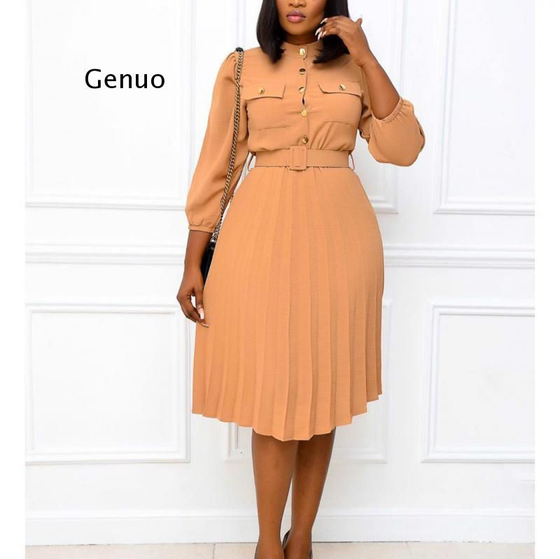 Thumbnail: Women Long Sleeve Pleated Dresses with Pockets Waist Belt a Line Button Up Fema