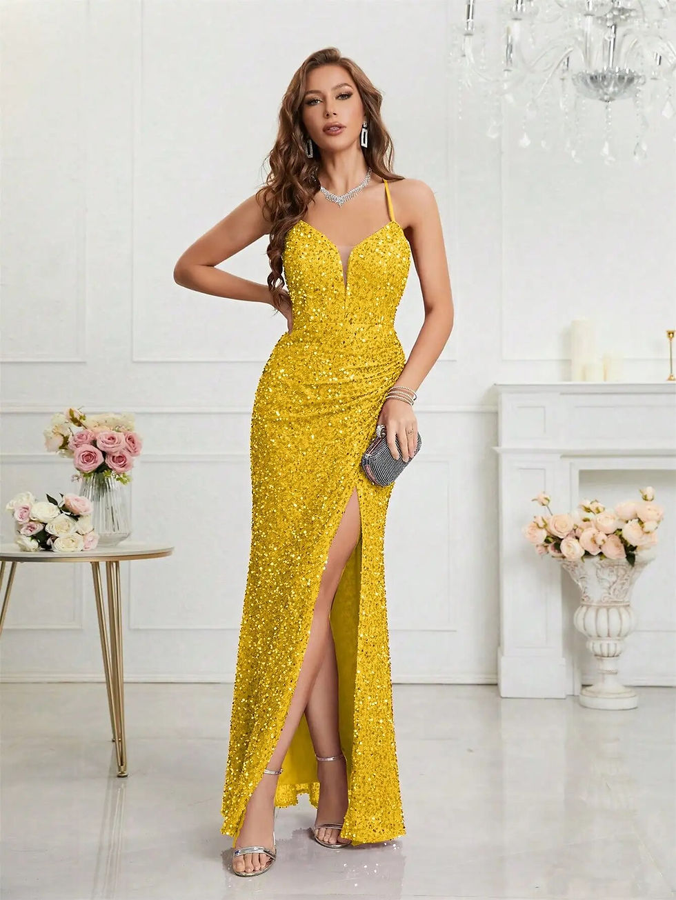 Thumbnail: Unithorse Split Thigh Sequin Cami Women Dress