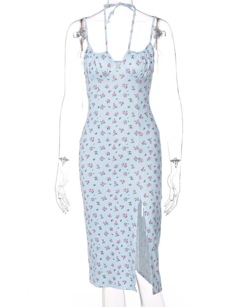 Miniatura: Hugcitar 2023 Sleeveless Satin Slip Floral Ruched Bandage Cut Out Maxi Dress Su