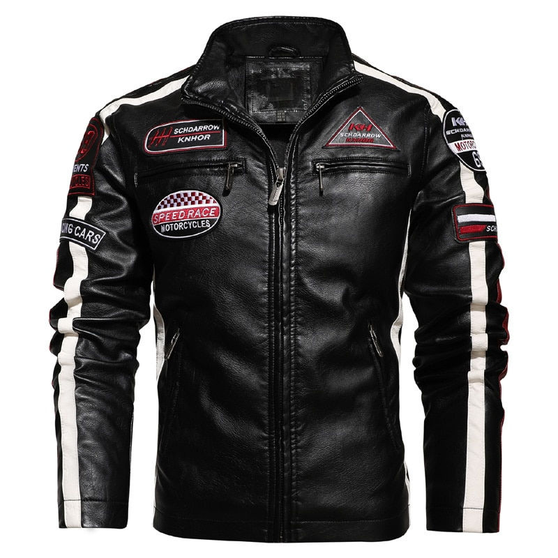 Miniatura: Autumn Winter Men's Bomber Jacket Zip Embroidery PU Leather Jacket Male Fleece