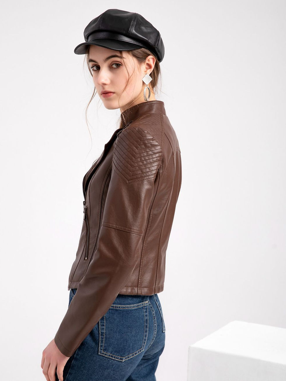 Thumbnail: Women's Faux Leather Jackets Autumn Winter Long Sleeve Zipper Slim Motorcycle B