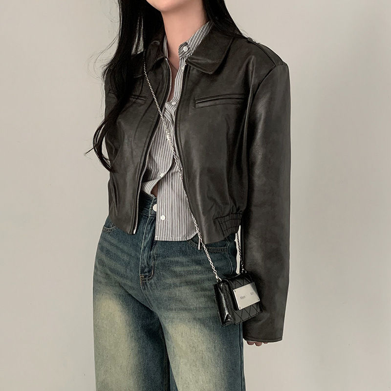 Thumbnail: Women's Retro Hong Kong Style Lapel Long-sleeved Leather Jacket