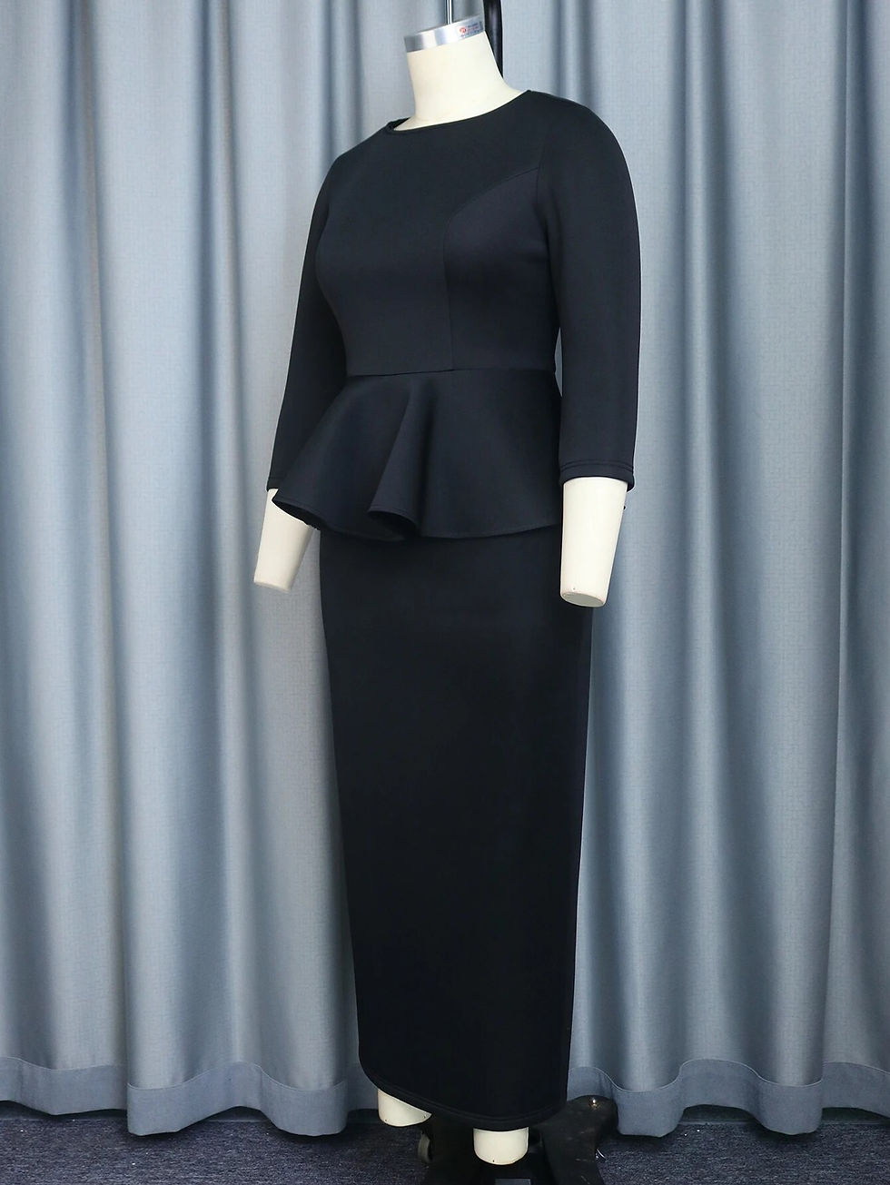 섬네일: Black Ruffles Dresses 3/4 Sleeve Empire Peplum Sheath Pencil Gowns Ankle Length