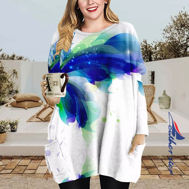 Round Neck Loose Dress Blue Print Series Plus Size Women's Autumn Winter Long S