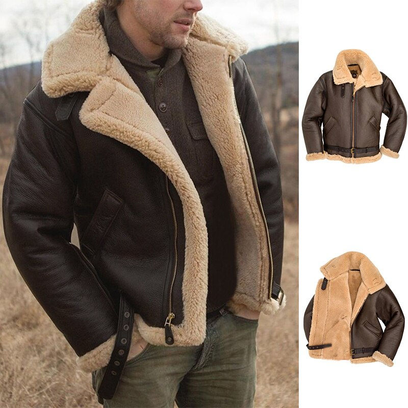 Thumbnail: Men's Faux Leather Classic Brown Black Bomber Jacket Winter Shearling Sheepskin