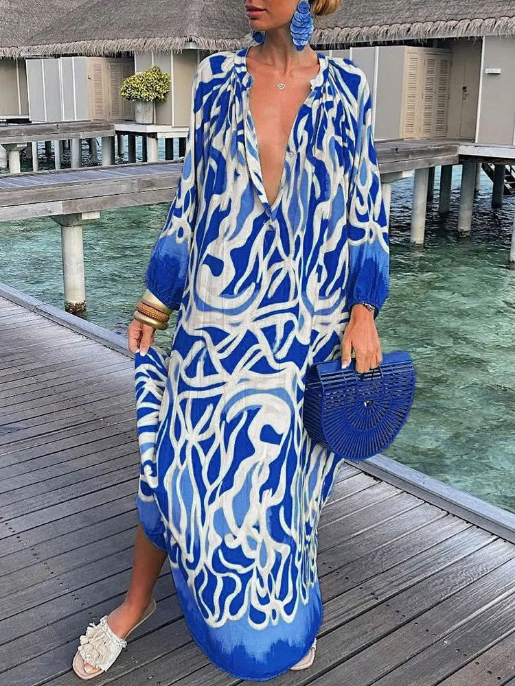 Thumbnail: Boho Printed Loose Dress Women 2023 Retro Cute Deep V Neck Patchwork Dress Spri