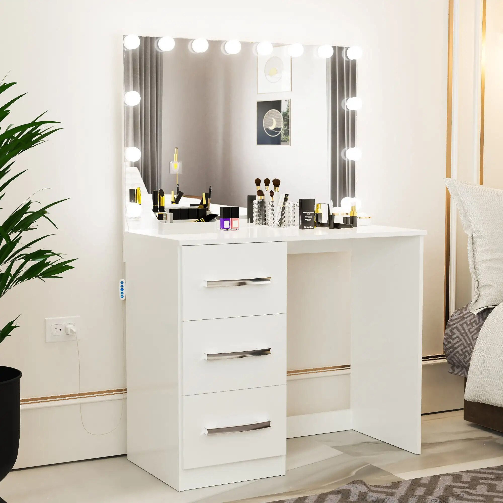 Modern Vanity Table, Lights, 3 Drawers, Mirror, Modern Simplicity, Senior Sense
