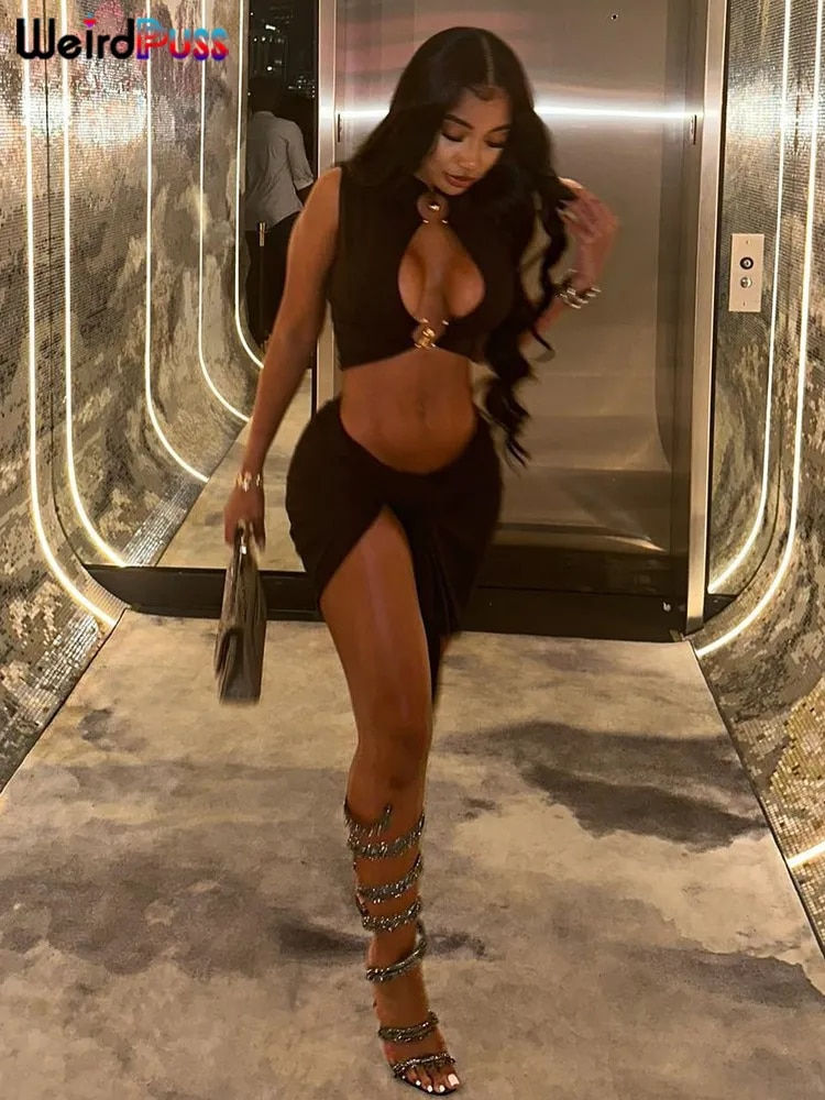 Thumbnail: Weird Puss Sexy Women 2 Piece Set Hollow Chic Circle Button Tank Tops+Irregular