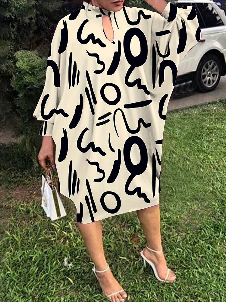 Thumbnail: Plus Size 2023 Fall New Women's Mid-Length Irregular Pattern Dress Cutout Bubbl