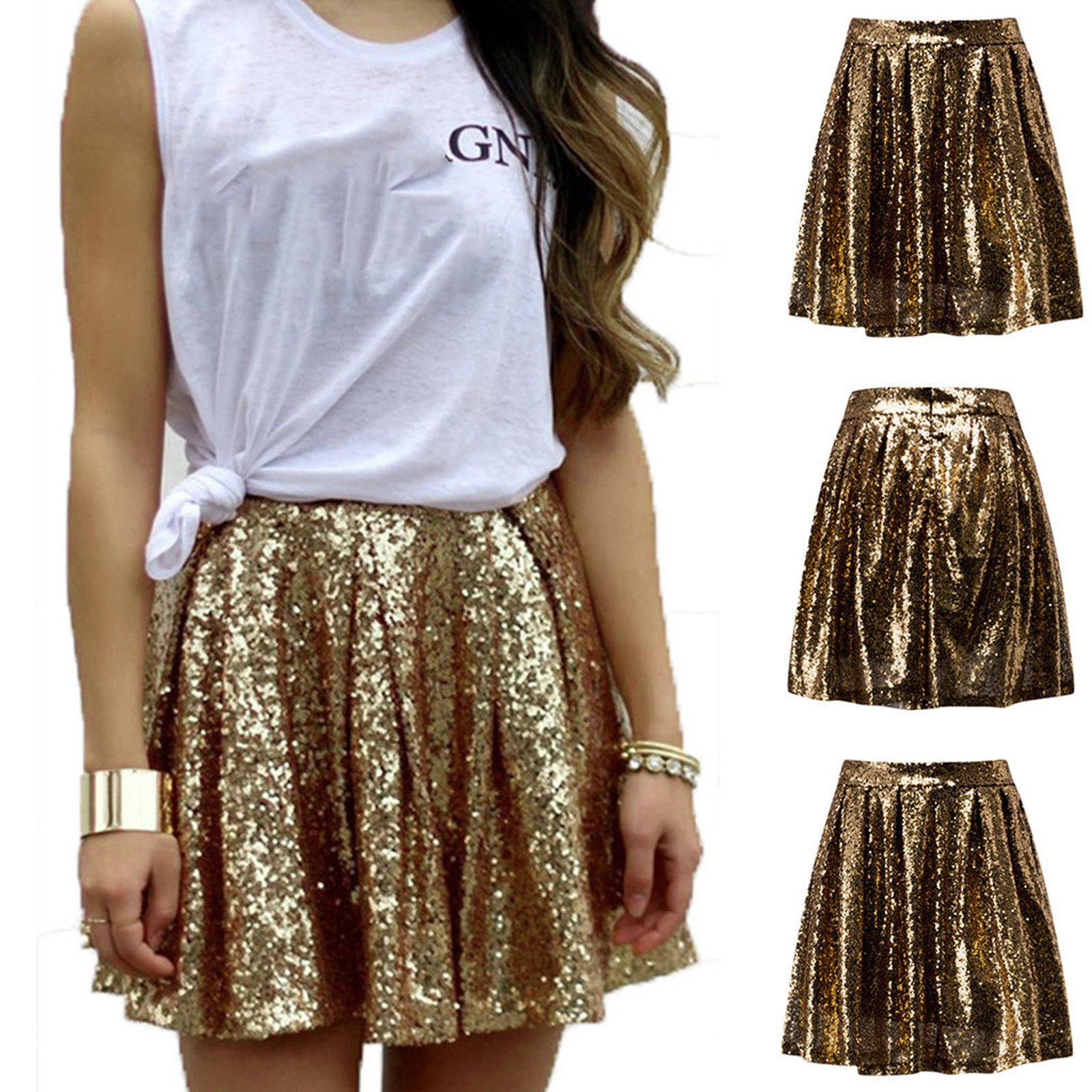 Women's Fashion High Waist Pleated Gold A-line Short Skirt Loose Sequin Skirts