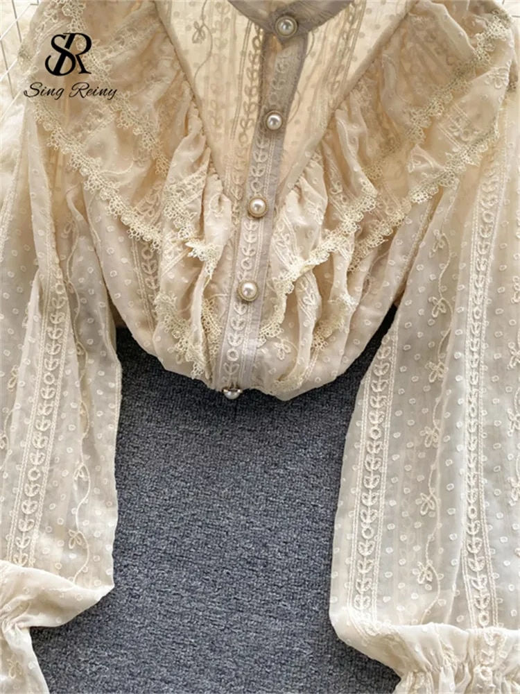 Miniaturebillede: SINGREINY Elegant French Blouse Women Temperament Sweet Ruffles Loose Casual To