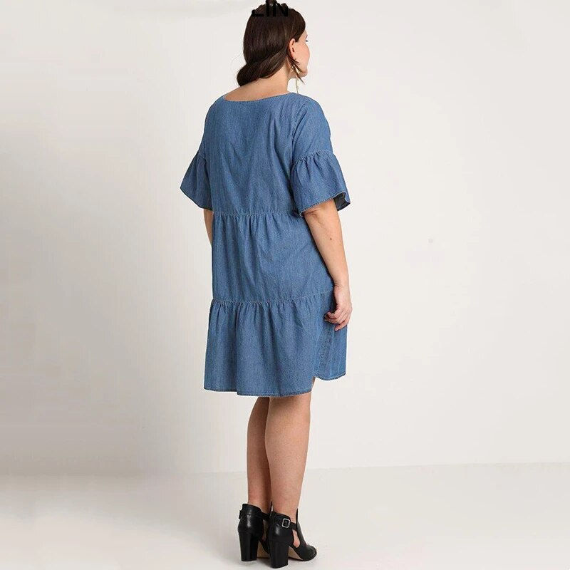 Thumbnail: Plus Size Summer Casual Denim Dress Half Flounce Sleeve Round Neck Loose Knee L