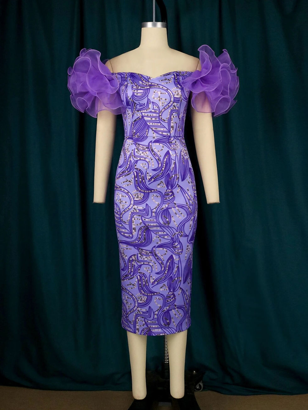 Thumbnail: Plus Size Party Dress Print Off Shoulder Tulle Flower Contrast Sleeves Midi Bod