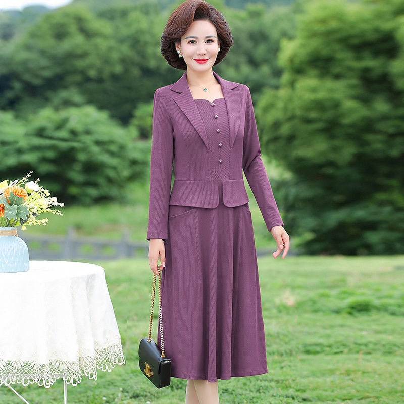 Thumbnail: Women Autumn Dress Femme Fashion Solid Suit Collar Office Long Sleeve A-line Pa
