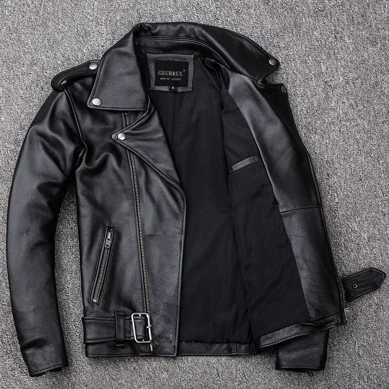 ภาพขนาดย่อ: Spring Classical Motorcycle oblique zipper Jackets Men Leather Jacket Natural C