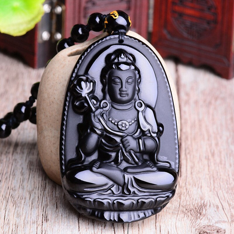 Thumbnail: Amitabha Pendant Necklace Black Obsidian Carved Buddha Lucky Amulet