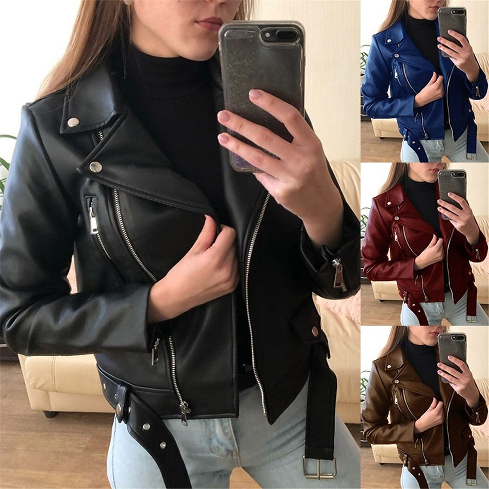 Thumbnail: Women Autumn Solid Colors Cool Faux Leather Jacket Long Sleeve Zipper Turn-down
