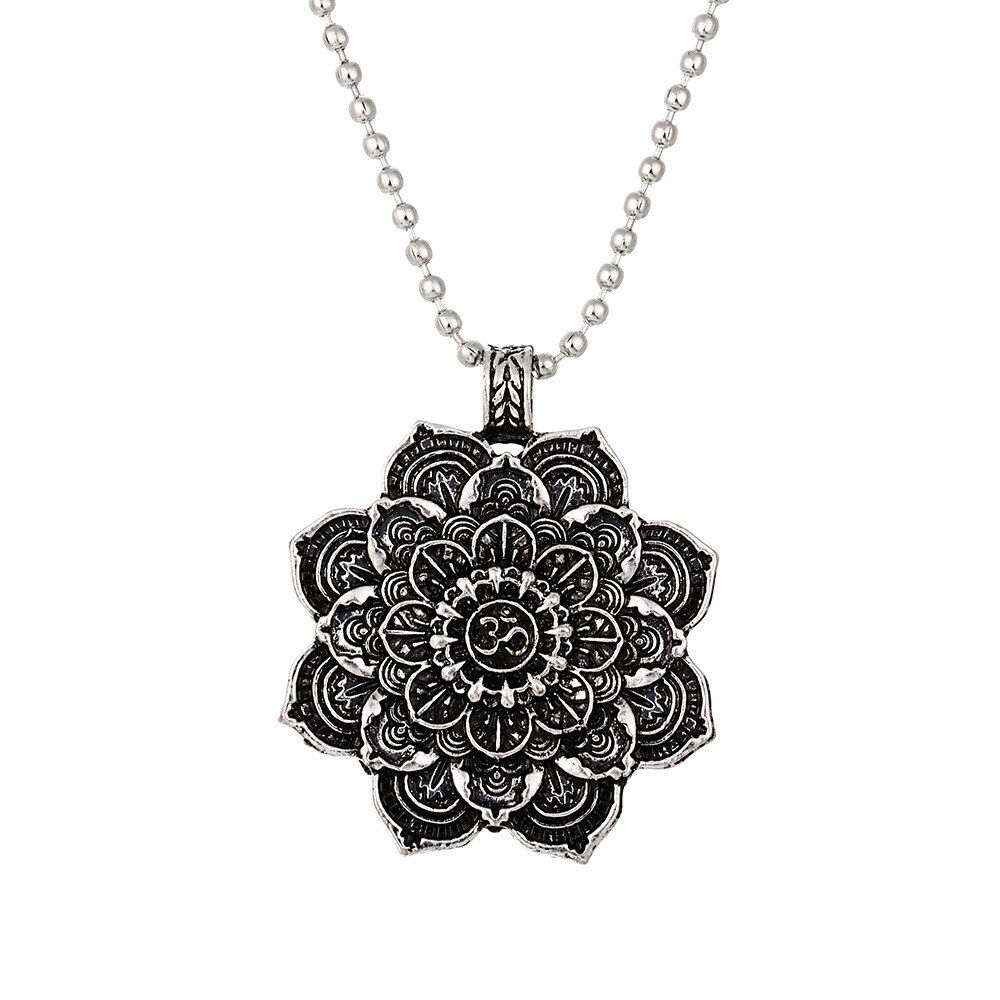 Vintage Alloy Mandala Lotus Flower Pendant Necklaces For Women Charm