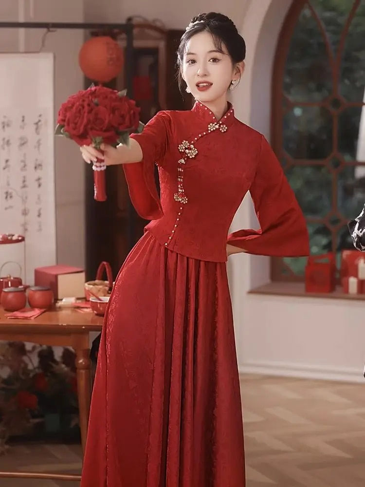Thumbnail: Yourqipao New Chinese Style Improved Red Cheongsam Wedding Toast Dress Bride 20