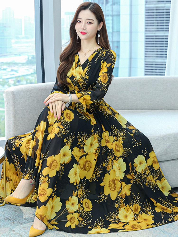 2023 Spring Casual Chiffon Floral Yellow Fashion Dresses For Women Beach Prom L