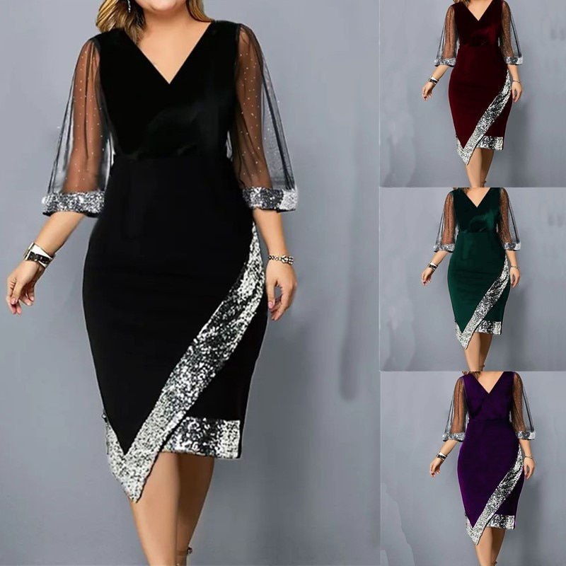 Thumbnail: Women Plus Size Curve Sequin Evening Dresses V Neck Ruched Mesh Sleeve Spring S