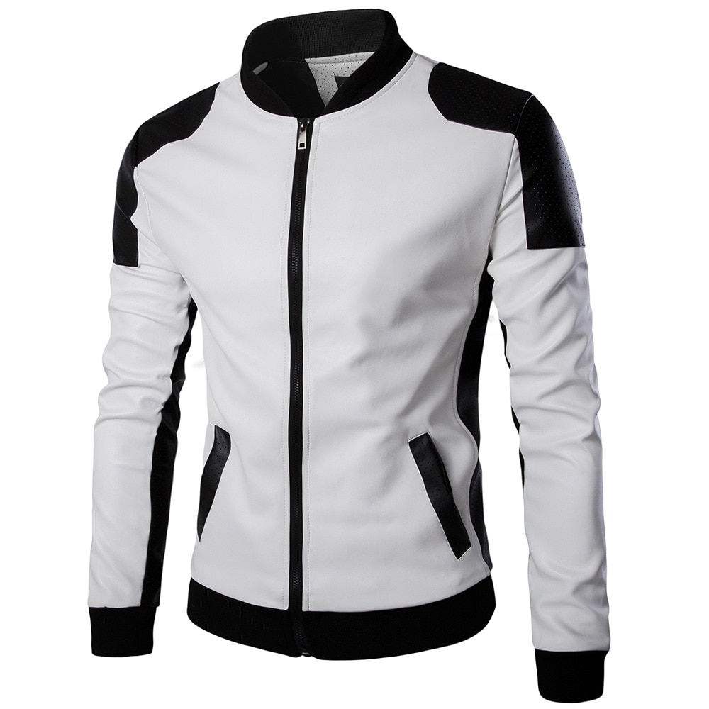Men Spring Casual Motor Spliced Leather Jacket Coat Men Autumn Fashion Biker Vi
