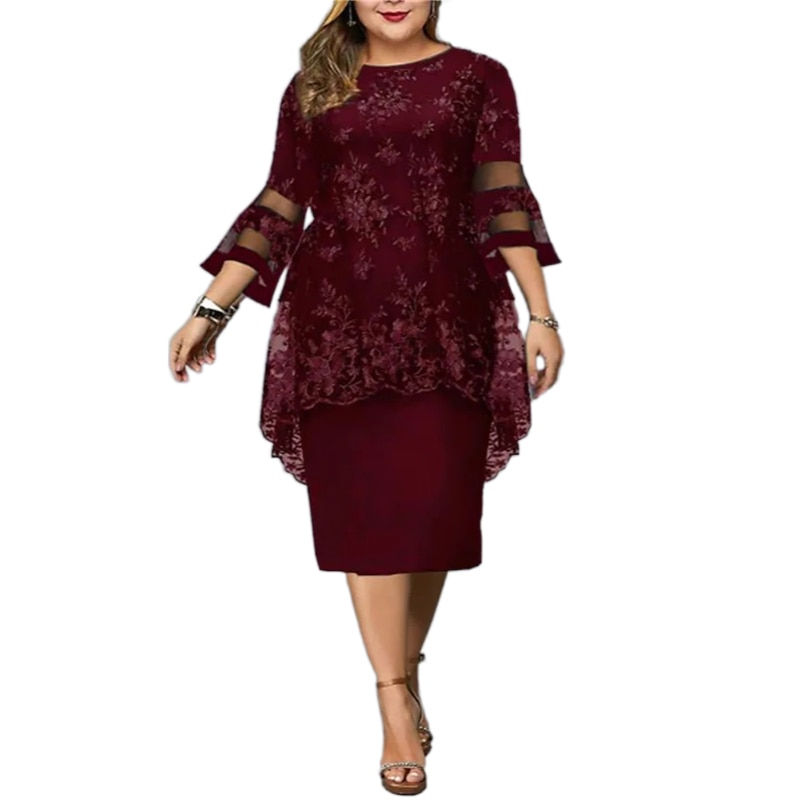 Thumbnail: Womens Plus Size Curve Party Dress Lace Floral Crew Neck Print 3/4 Length Flare