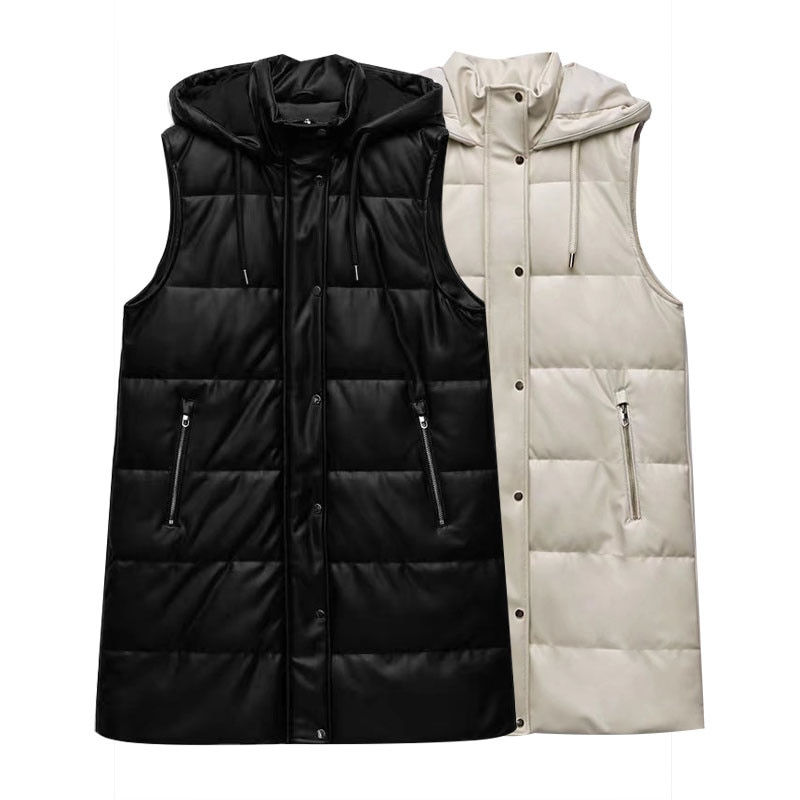 Winter Clothes Women Fashion Faux Leather Padded Long Vest Jacket Hooded Coat V
