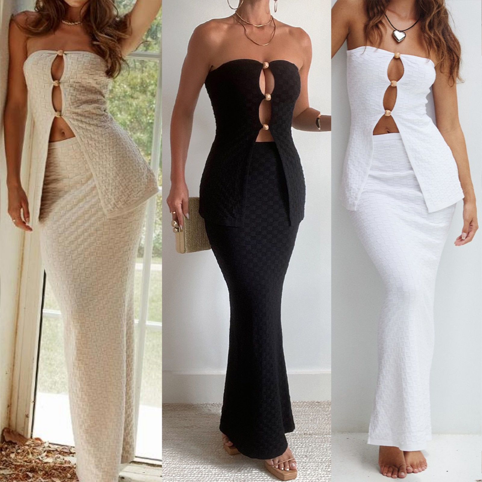 Spring Hollow Out Dress Sets Women Outfit Sexy Slim Sleeveless Crop Tank Top El