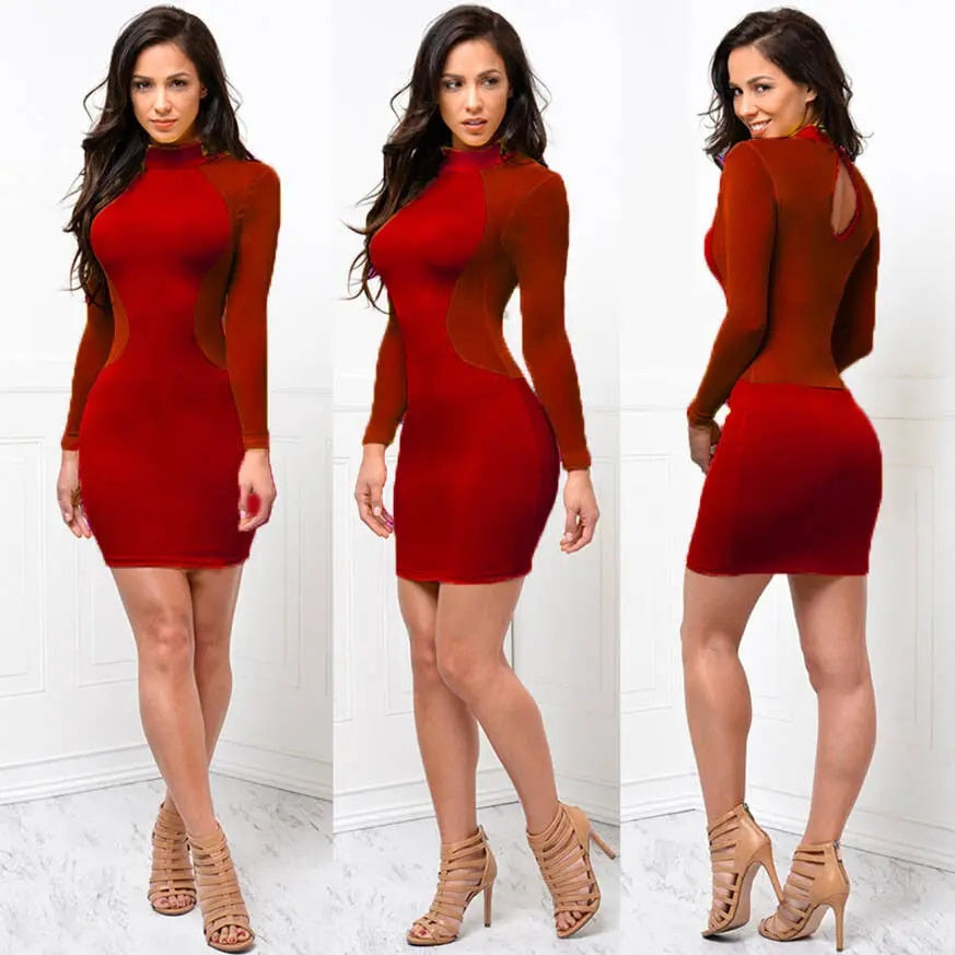 Women Sexy Bodycon Dress Evening Party Cocktail Dress Transparent Long Sleeve C