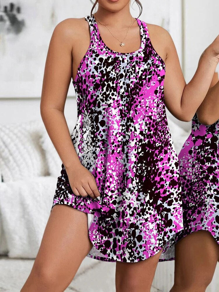 Thumbnail: Plus Size Casual Nightdress, Women's Plus Leopard & Butterfly Print Racer Back