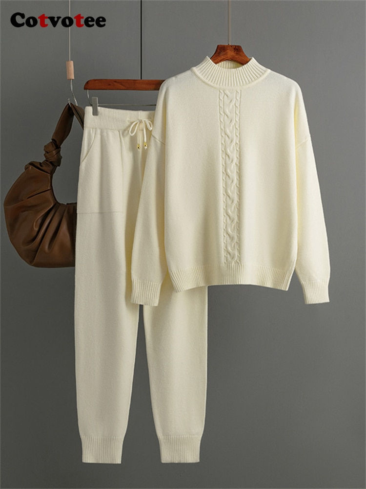 Thumbnail: Cotvotee Knitted 2 Piece Sets Womens 2023 New Long Sleeve Half High Collar Tops