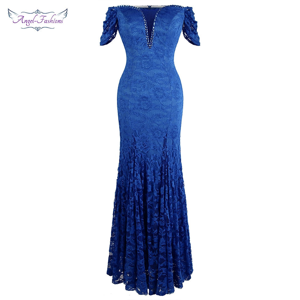 Thumbnail: Angel-fashion Women's Off Shoulder Lace Evening Dress Long Beading Short