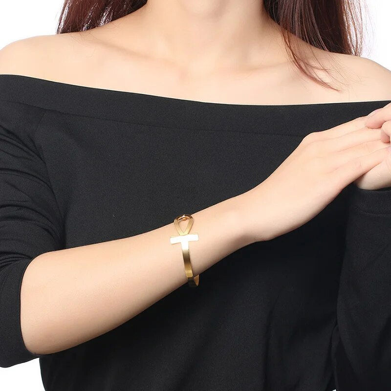 Thumbnail: Women's Cross Bracelets, Anti Allergy Stainless Steel Key of Life Bangle Bracel
