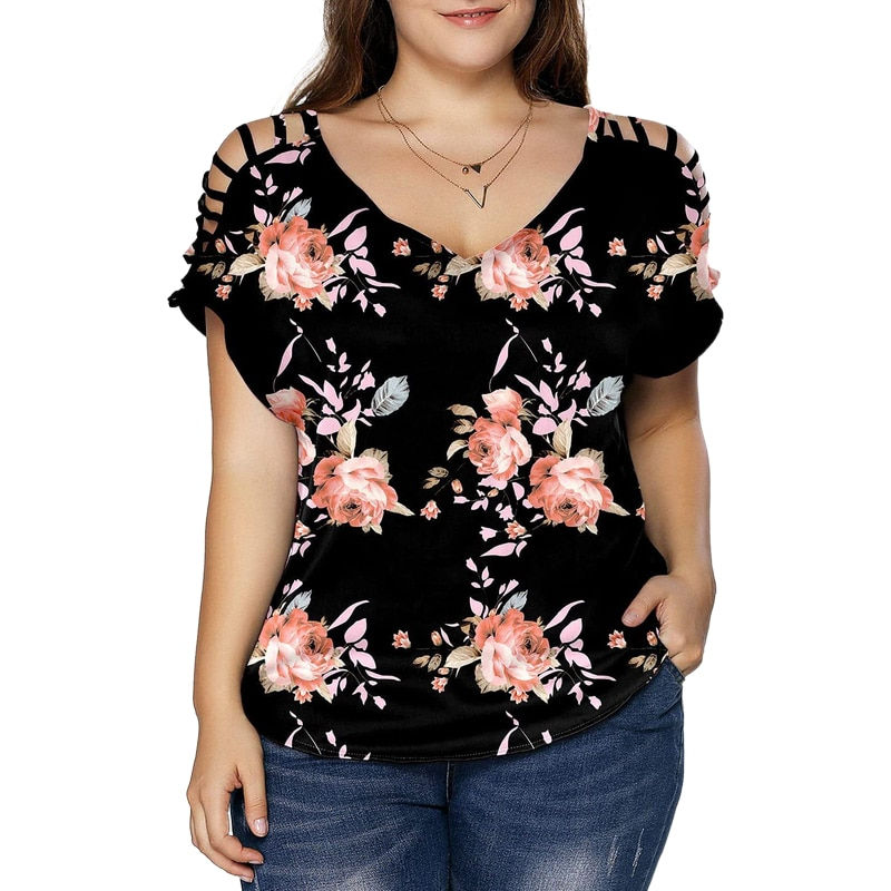 Thumbnail: Summer Women's Plus Size Clothing V-neck Hollow Out Short Sleeve Tunic Tops Pri