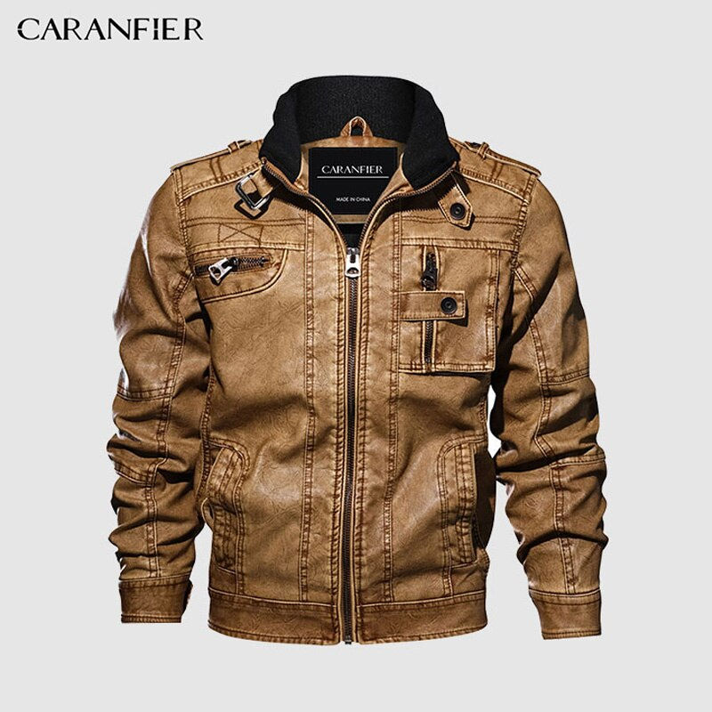 Thumbnail: CARANFIER Mens Leather Jackets Motorcycle Stand Collar Zipper Pockets Male US S