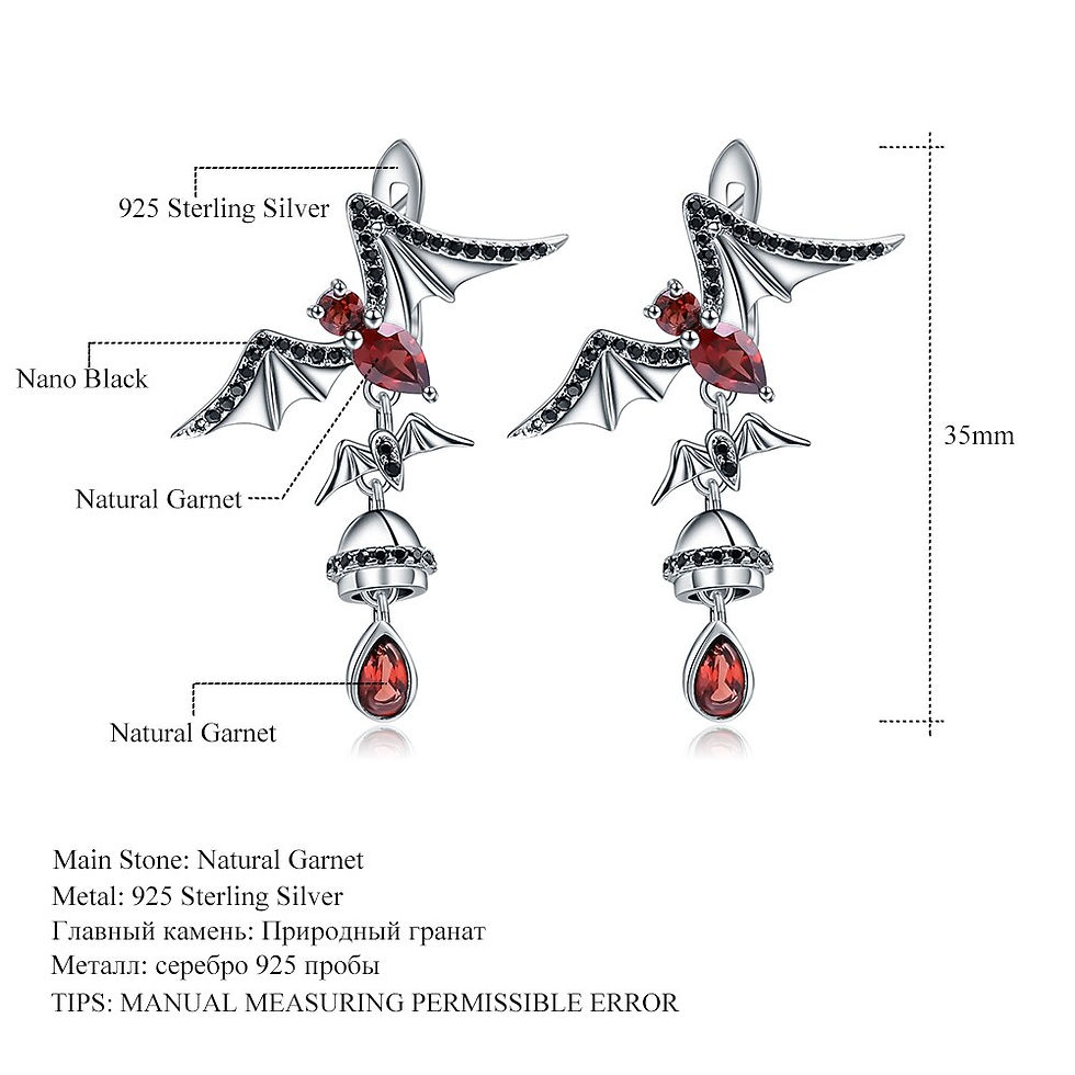 Miniatiūra: GEM'S BALLET Natural Garnet Gemstone Bat Earrings 925 Sterling Sliver Vintage G