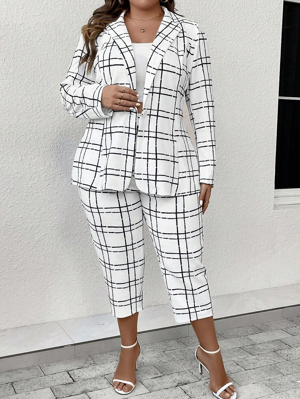 Miniaturebillede: Plus Size Casual Classic Suit Set, Women's Plus Grid Print Long Sleeve Lapel Co
