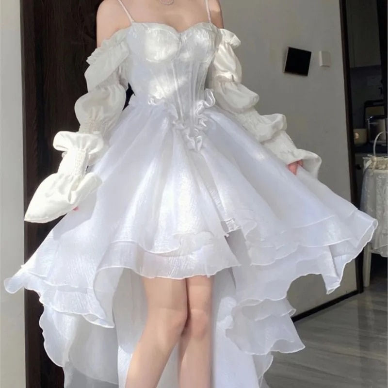 Miniatura: Spring Elegant White Off Shoulder Fairy Dress Chic Princess Puff Dress Mesh Puf