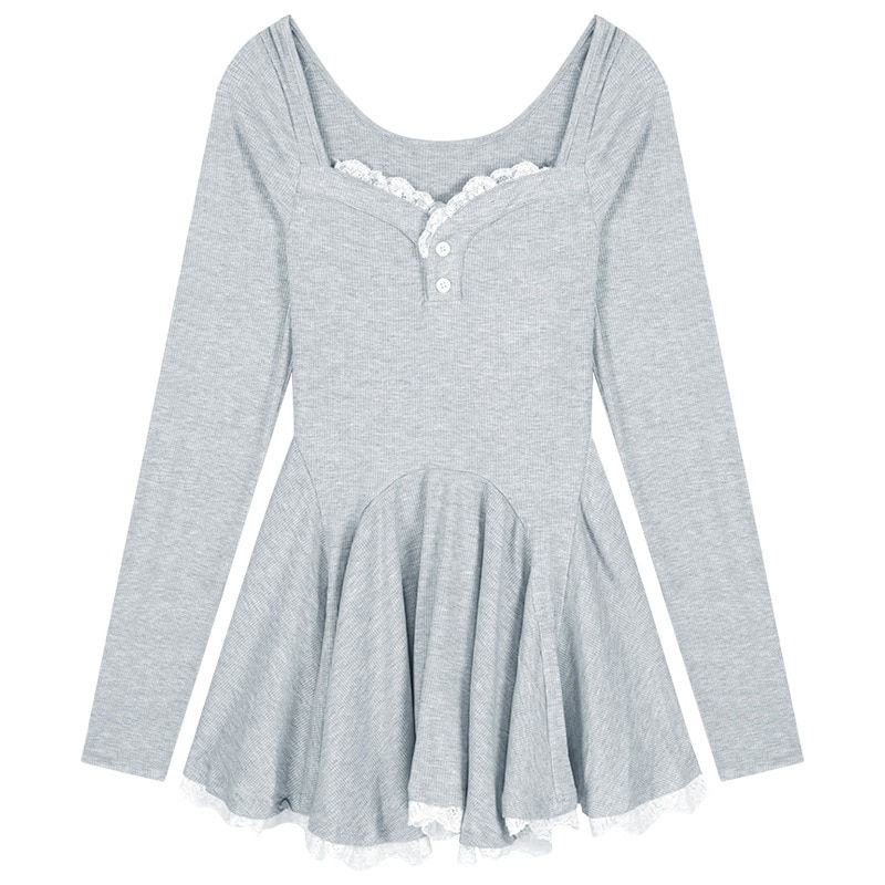 Thumbnail: Korean Dress Short French Style Long Sleeve Collarbone Exposed Square Collar