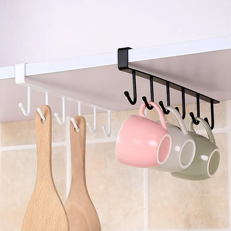 6 Hook Coffee Cup Mug Holder Black White Hooks Shelf Multifunction Kitchen Cabi