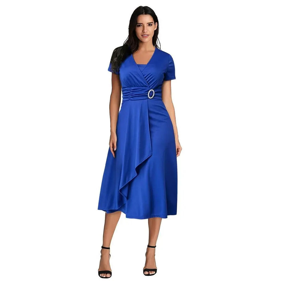 Thumbnail: Elegant Women Solid Color Short Sleeve V Neck Asymmetric Hem Waist Tight Midi P
