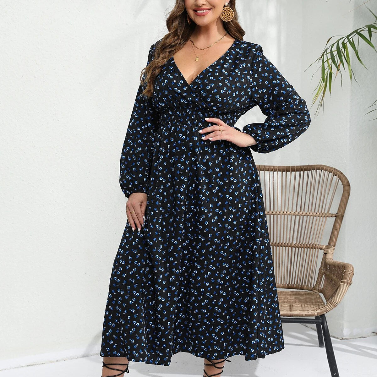 4XL 5XL Elastic Waist Plus Size Casual Dresses Women's Long Sleeve V-Neck Pullo